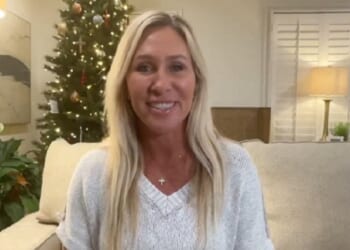 Outgoing Rep. Marjorie Taylor-Greene is pictured in a video from her resignation announcement.