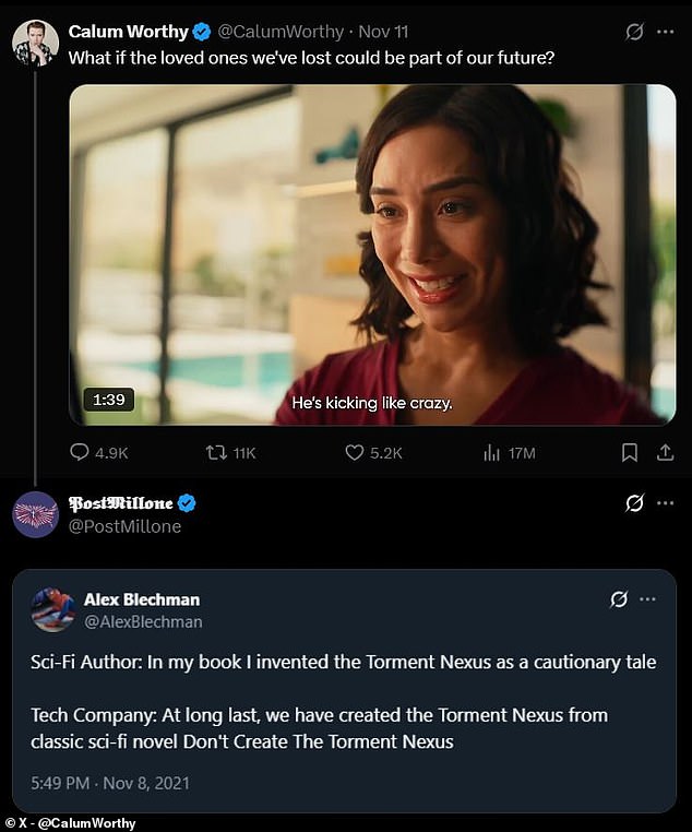 On social media, tech fans have reacted with horror to an advert for the company that shows a woman talking to an AI avatar of her dead mother (pictured). With some users joking that Mr Worthy clearly missed the point of cautionary science-fiction stories