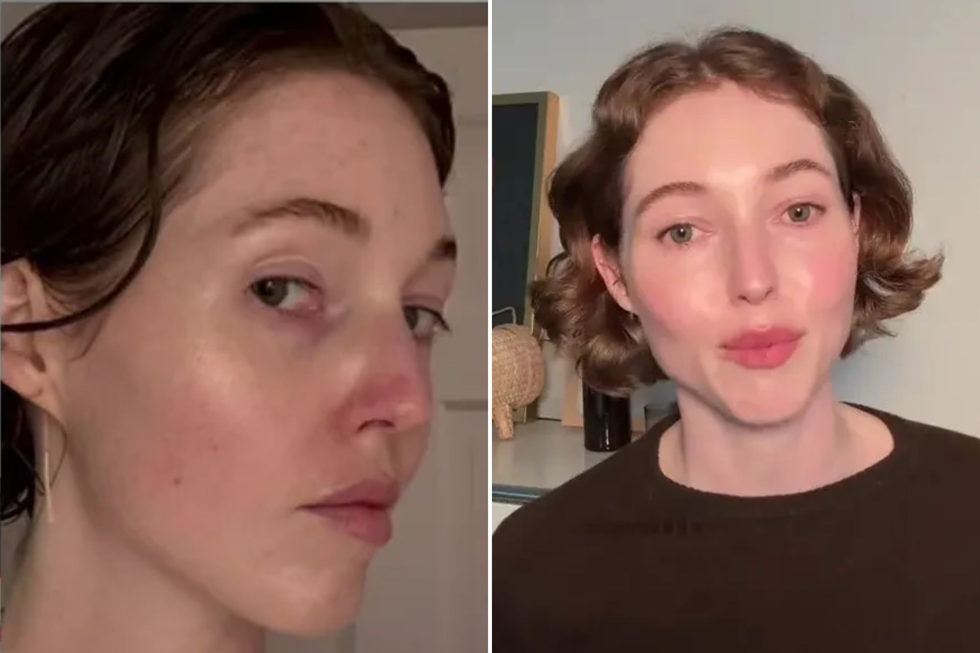 An image collage containing 2 images, Image 1 shows Collage of a woman's face before and after using a product, and a bottom image of the woman talking, demonstrating the product's effect on wrinkles and eye bags, Image 2 shows A woman with short curly brown hair and a dark top speaking to the camera