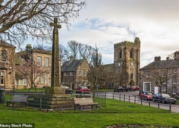 The chocolate box market town of Rothbury (pictured) is lined with sandy brick cottages and quaint shops