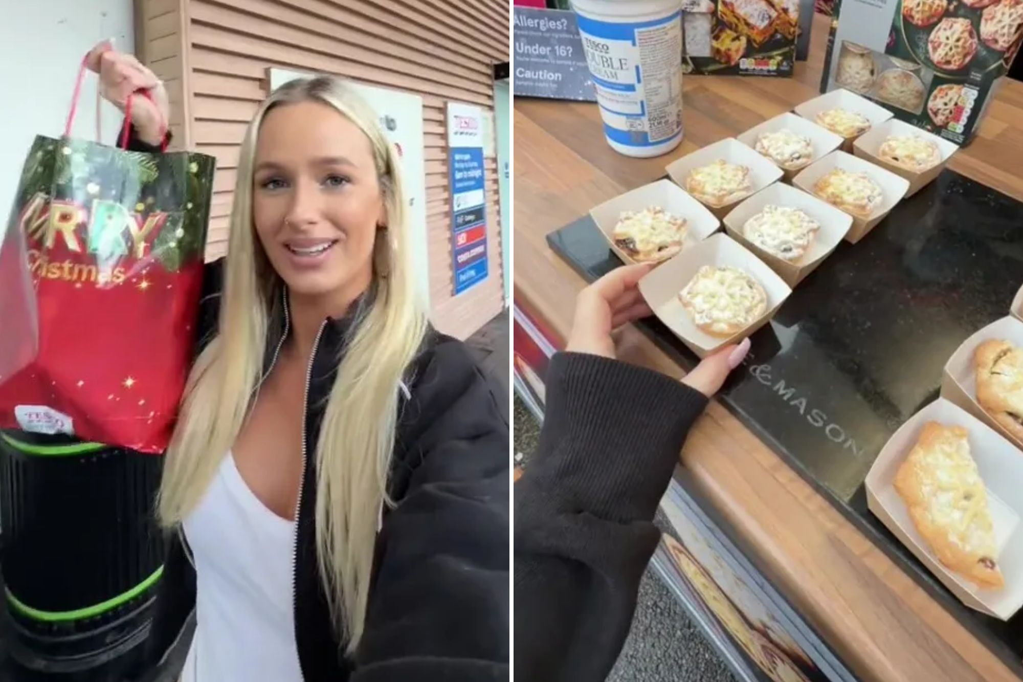 An image collage containing 2 images, Image 1 shows A woman holding a "Merry Christmas" goodie bag in front of a Tesco supermarket, Image 2 shows A person's hand reaches for a mini pie at a Tesco market stall, with other pies, cream, and "Tesco Finest" packaging visible