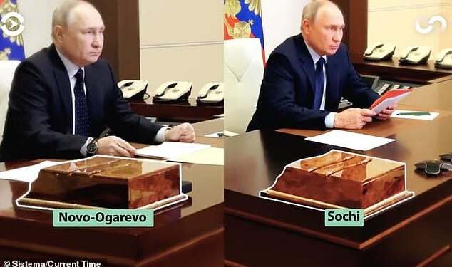 The tell-tale signs Putin has two replica offices that allow him to pretend he is in Moscow when he is actually hiding from Ukrainian missiles hundreds of miles away