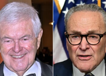 Former House Speaker Newt Gingrich, left, blames the ongoing government shutdown on Sen. Chuck Schumer, a New York Democrat, right. "Unfortunately, for the country -- and especially government employees – Schumer saw this as an opportunity to hold the entire country hostage to prove Democrats could get a supposed win," Gingrich said.