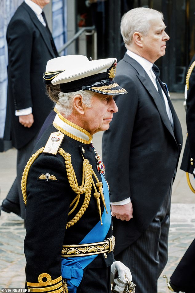 He now sits in a hall of shame alongside genuine traitors. His is an astonishing descent. This is not merely disgrace. This is regal cancellation. Pictured: Charles and Andrew walking behind the late Queen's funeral cortege in September 2022
