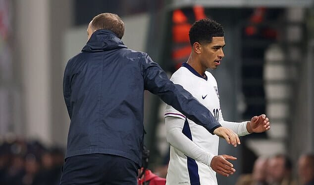 Jude Bellingham was not pleased at being substituted during England's win against Albania