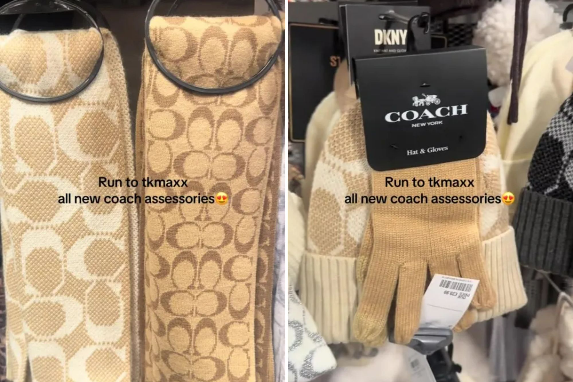 An image collage containing 2 images, Image 1 shows Two Coach branded scarves, one lighter tan and white, and one darker tan, hanging in a store, Image 2 shows Coach New York hat and gloves for sale at TK Maxx