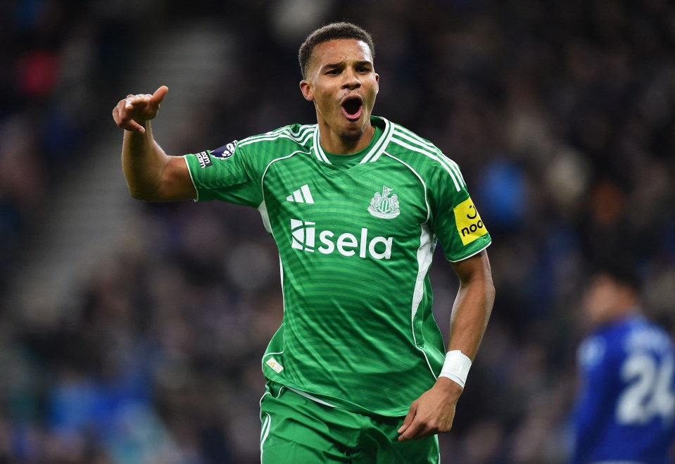 Newcastle United's Malick Thiaw celebrates scoring a goal.