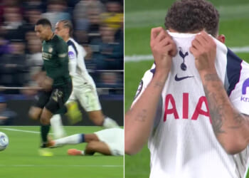 Tottenham star Brennan Johnson sent off for reckless tackle in FC Copenhagen clash and covers face in shame