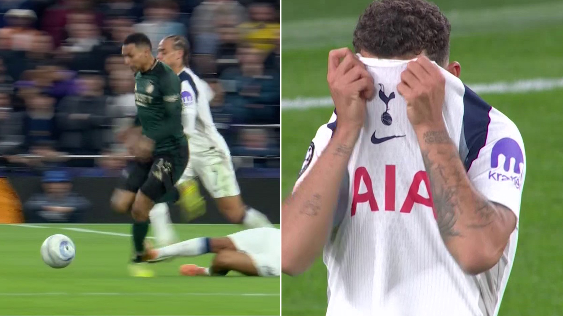 Tottenham star Brennan Johnson sent off for reckless tackle in FC Copenhagen clash and covers face in shame