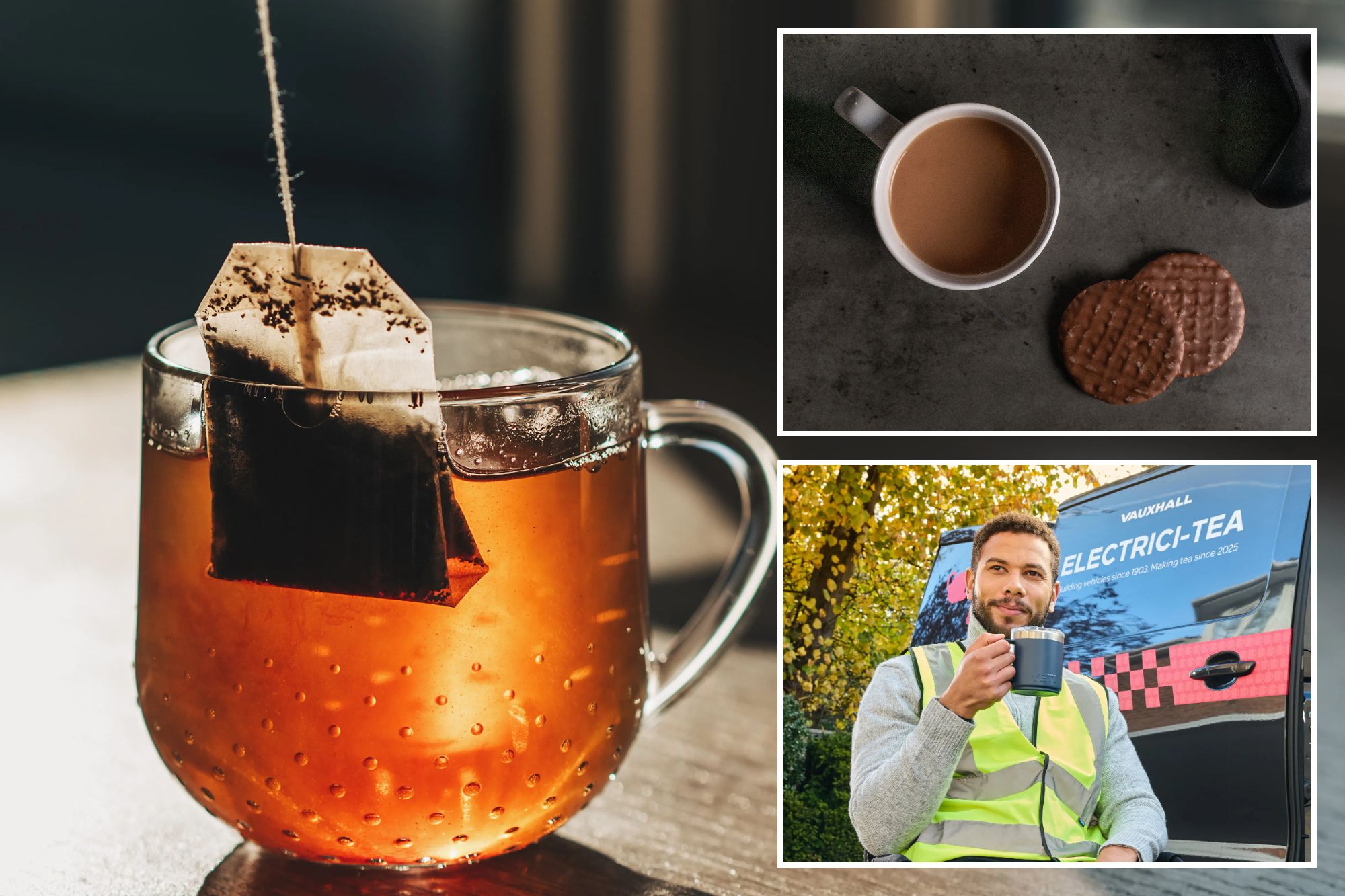 An image collage containing 3 images, Image 1 shows A tea bag steeping in a clear glass of amber-colored tea, Image 2 shows White coffee mug, chocolate digestive biscuits, and game controller on a dark textured table, Image 3 shows A man in a hi-vis vest sips from a mug while sitting next to a Vauxhall van with "ELECTRICI-TEA" written on its side