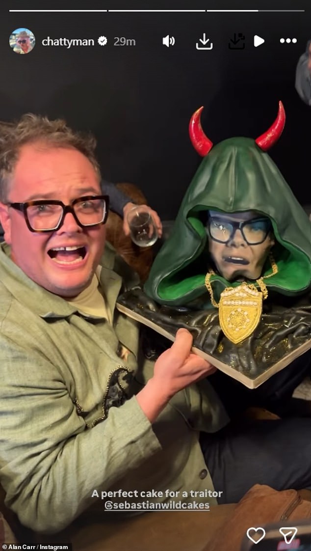In an Instagram story, Alan shared the gigantic cake with his face on it, draped in a cloak with horns as a nod to the show and his win