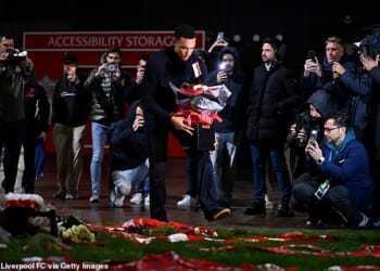 Trent Alexander-Arnold laid down some flowers in memory of Diogo Jota and his brother Andre