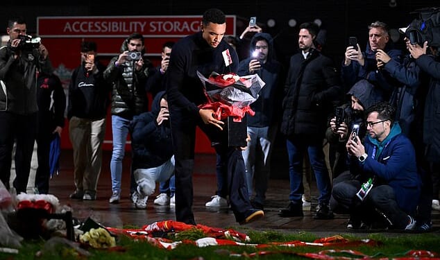 Trent Alexander-Arnold laid down some flowers in memory of Diogo Jota and his brother Andre