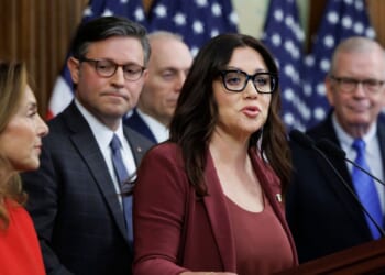 Secretary of Labor Lori Chavez-DeRemer speaks alongside House Republican leadership at a news conference on Nov. 4, 2025, on Capitol Hill in Washington, D.C.