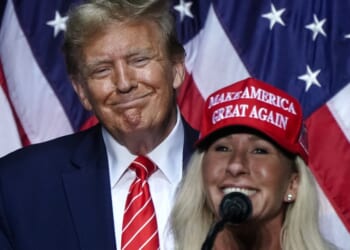 Rep. Marjorie Taylor Greene speaks alongside President Donald Trump at a campaign event in Rome, Georgia, on March 9, 2024.