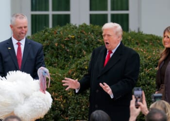President Donald Trump pardons National Thanksgiving Turkey Gobble alongside First Lady Melania Trump during the 78th annual National Thanksgiving Turkey Presentation in the Rose Garden of the White House on Nov. 25, 2025, in Washington, D.C.