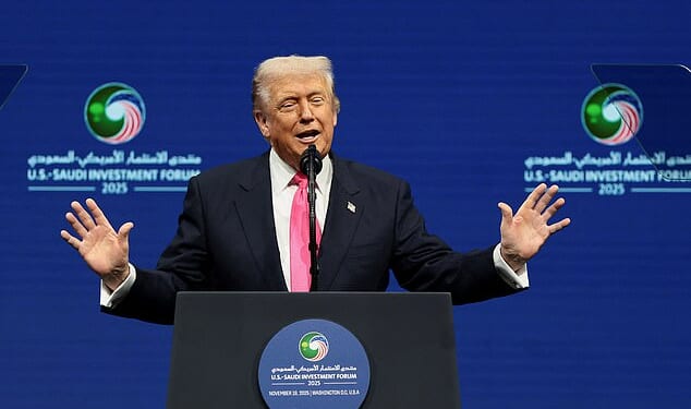 Donald Trump cracked himself up at the U.S.-Saudi Investment Forum on Wednesday, November 19, 2025, when he joked that transgender people and the concept of 'liberal' doesn't exist in Saudi Arabia