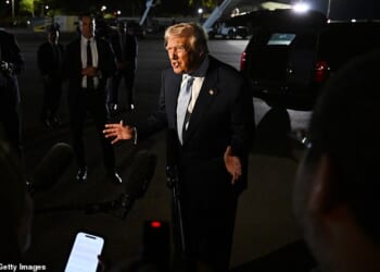 Donald Trump speaking to the press on the tarmac at Palm Beach International Airport Sunday night as the president announced he was backing the release of the Epstein files