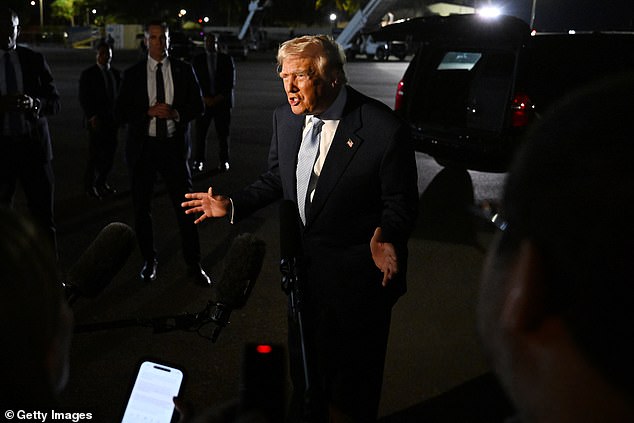Donald Trump speaking to the press on the tarmac at Palm Beach International Airport Sunday night as the president announced he was backing the release of the Epstein files