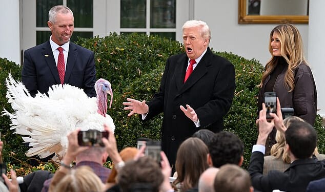 First Lady Melania Trump looks on as President Donald Trump pardons Gobble, the official National Thanksgiving turkey, during the White House turkey pardon ceremony on November 25, 2025