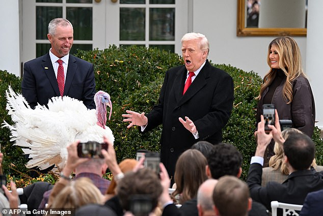 First Lady Melania Trump looks on as President Donald Trump pardons Gobble, the official National Thanksgiving turkey, during the White House turkey pardon ceremony on November 25, 2025