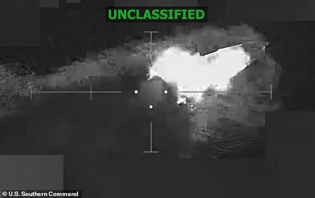 US forces conducted the 21st lethal strike using the nation¿s most advanced aircraft carrier, the USS Gerald R Ford, killing 'three male narco-terrorists' on Sunday (pictured)