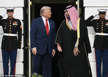 US President Donald Trump greets Crown Prince and Prime Minister of the Kingdom of Saudi Arabia Mohammed bin Salman on the South Lawn at the White House