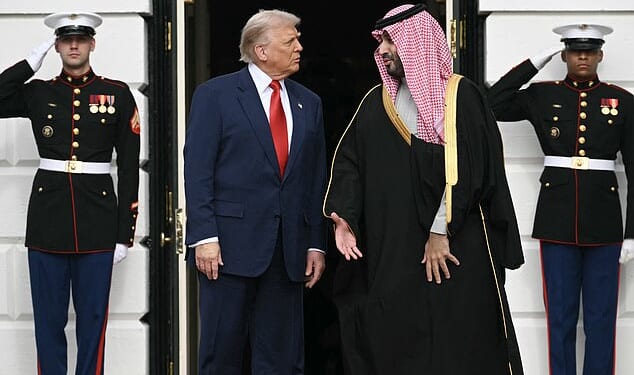 US President Donald Trump greets Crown Prince and Prime Minister of the Kingdom of Saudi Arabia Mohammed bin Salman on the South Lawn at the White House