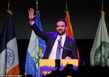 New York City Mayoral candidate Zohran Mamdani celebrates during an election night event at the Brooklyn Paramount Theater in Brooklyn, New York on November 4, 2025.
