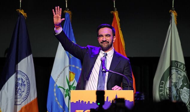 New York City Mayoral candidate Zohran Mamdani celebrates during an election night event at the Brooklyn Paramount Theater in Brooklyn, New York on November 4, 2025.