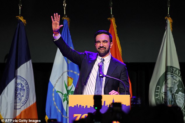 New York City Mayoral candidate Zohran Mamdani celebrates during an election night event at the Brooklyn Paramount Theater in Brooklyn, New York on November 4, 2025.