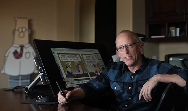 Dilbert creator Scott Adams (pictured) has asked Donald Trump to help save his life as he suffers from prostate cancer