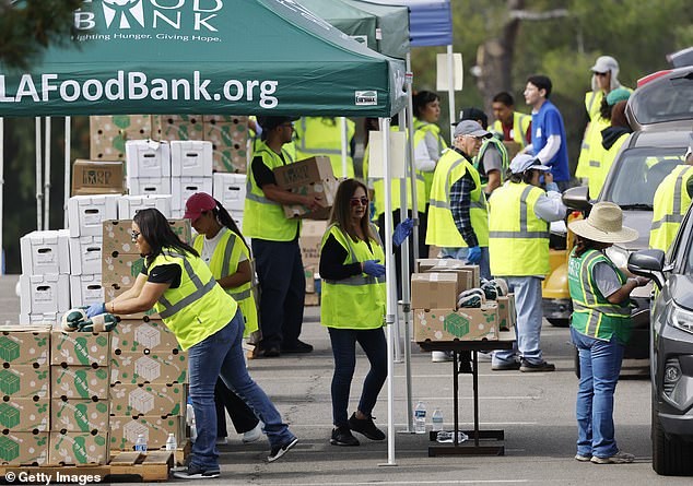 Workers and volunteers help distribute food boxes to those in need at a large-scale drive-through food distribution, in response to the federal government shutdown