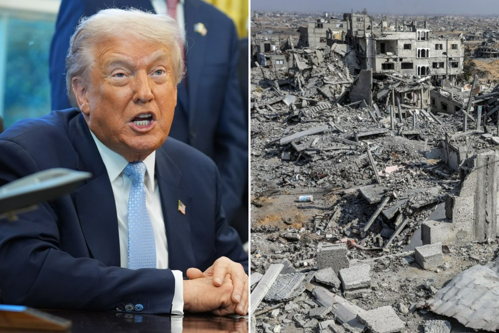 An image collage containing 2 images, Image 1 shows Trump FIFA WCup, Image 2 shows Palestinians return to destroyed homes after Israeli withdrawal