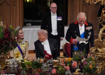 Donald Trump has flown around the world to rub shoulders with world leaders and royals; seen speaking to the Princess of Wales during a State Banquet in Windsor on September 17
