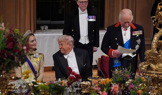 Donald Trump has flown around the world to rub shoulders with world leaders and royals; seen speaking to the Princess of Wales during a State Banquet in Windsor on September 17