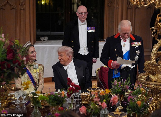 Donald Trump has flown around the world to rub shoulders with world leaders and royals; seen speaking to the Princess of Wales during a State Banquet in Windsor on September 17
