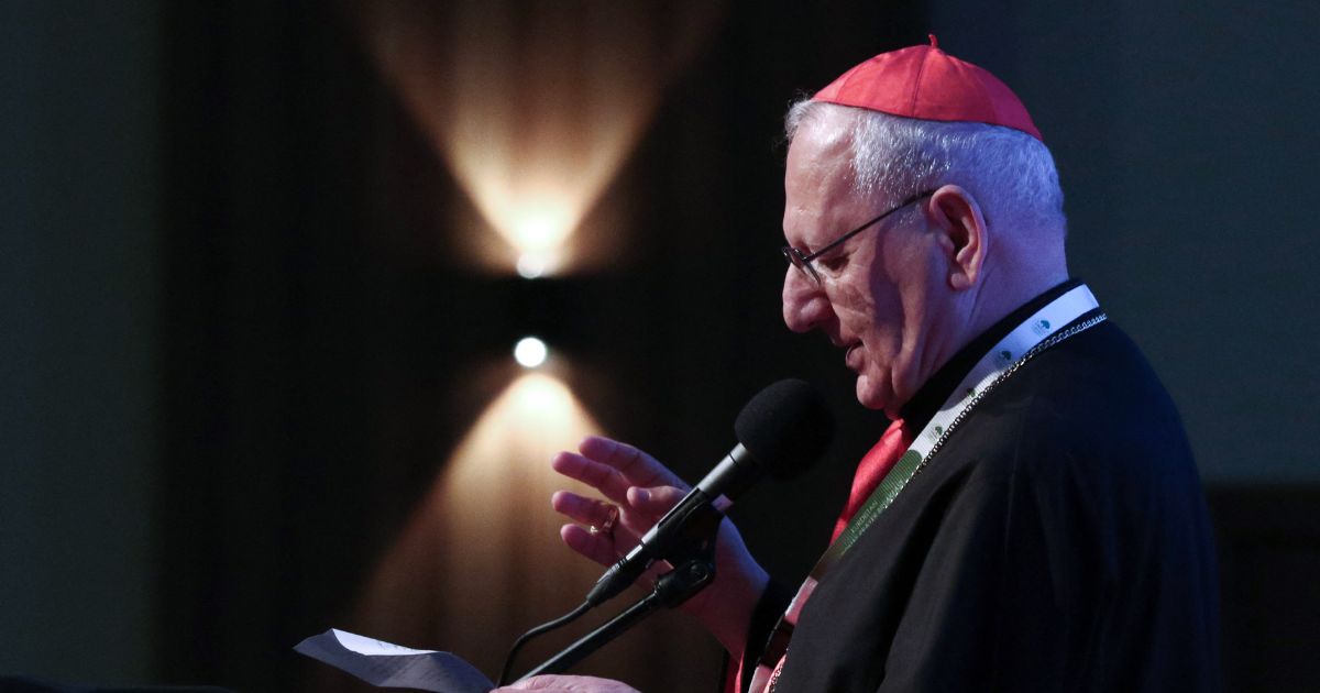 Cardinal Louis Raphael Sako, the Patriarch of the Chaldean Catholic Church, addresses addresses church members in Arbil, the capital of the autonomous Kurdish region of northern Iraq, on April 23, 2025.