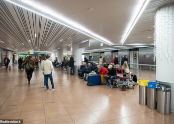 Brussels Airport is closed after the reported sighting of a drone, said the Belgian air traffic control service and a spokeswoman for the airport. Pictured: Travellers wait in an empty departure hall at Zaventem airport as air traffic is suspended following a reported drone sighting, in Zaventem outside Brussels, on November 4, 2025