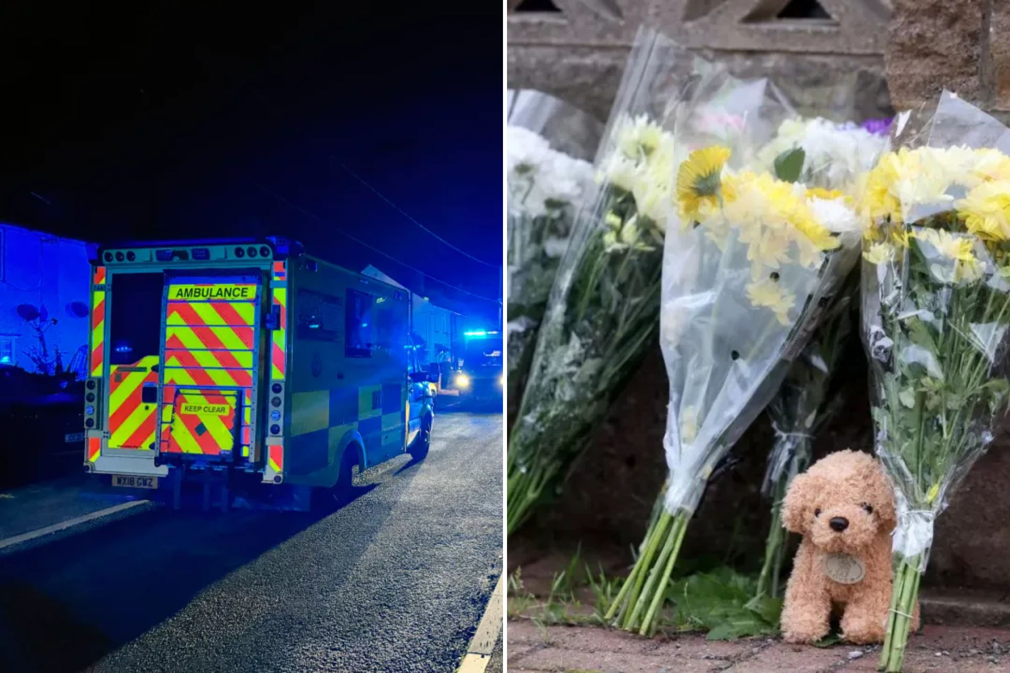 An image collage containing 2 images, Image 1 shows An ambulance with its lights on at night, on a street lined with residential houses and other emergency vehicles with flashing lights in the distance, Image 2 shows Floral tributes and a teddy bear placed outside a home in Rogiet following the death of a baby