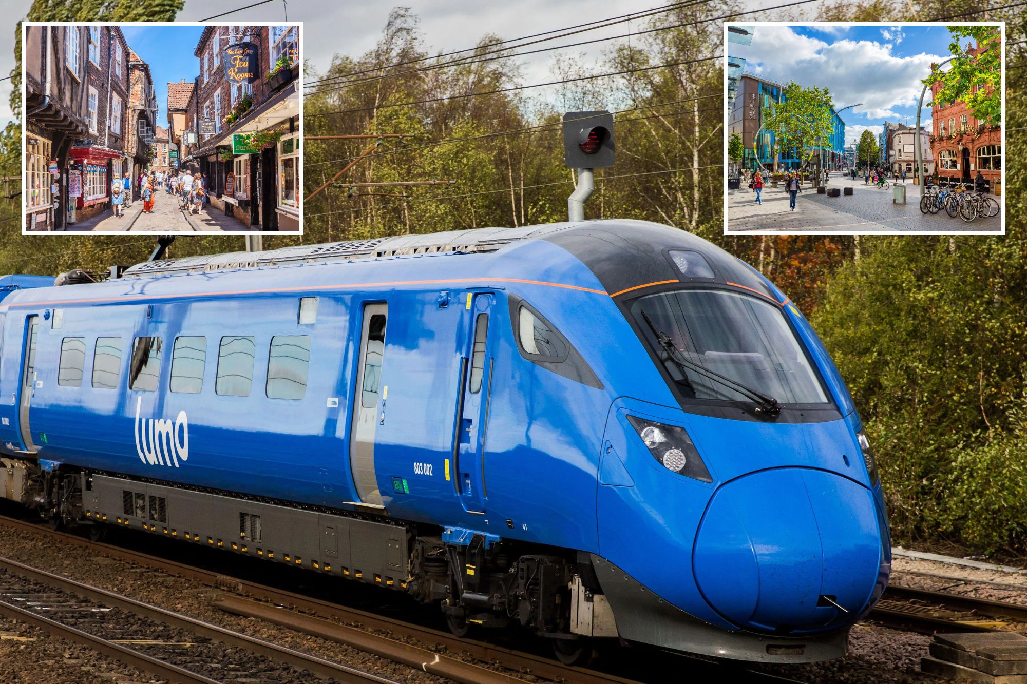An image collage containing 3 images, Image 1 shows A blue Hitachi AT 300 Class 308 electric Lumo train on its way to London, Image 2 shows Tourists walking along The Shambles, a narrow medieval street in York, England, with shops and tea rooms, Image 3 shows Shops and pubs on The Hayes pedestrian area in Cardiff, South Glamorgan, Wales