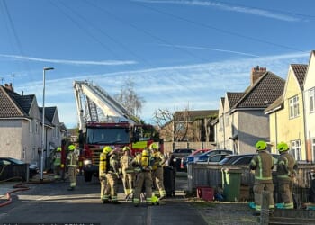 Firefighters on Holywell Avenue in Ashby-de-la Zouch, Leicestershire, this morning