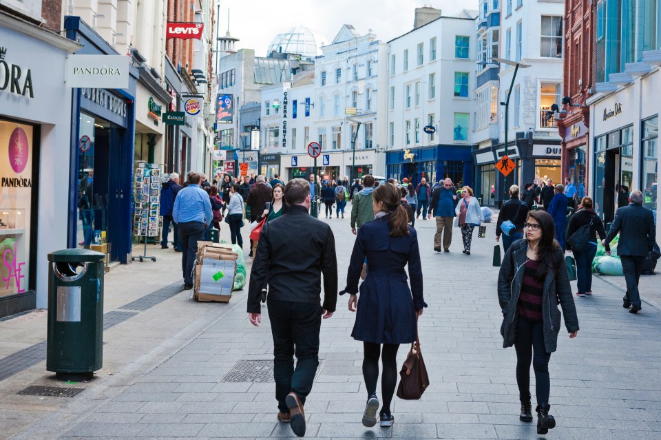 People shopping on Grafton Street in Dublin, Ireland.