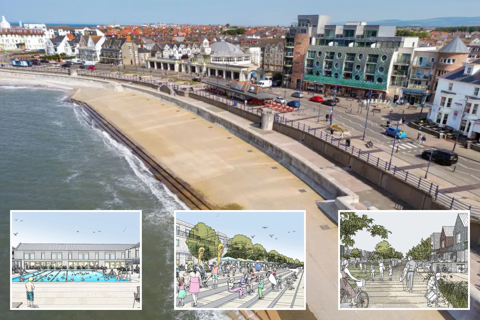 An image collage containing 4 images, Image 1 shows Aerial view of the concrete platform in front of the promenade of Porthcawl in south Wales, Image 2 shows Illustration of a Lido swimming pool with people in the pool and surrounding areas, including a restaurant, Image 3 shows Illustration of people on a seaside promenade with a craft market and "Bay Store" shops, Image 4 shows Illustration of the planned Lido swimming pool and funfair rides at Porthcawl
