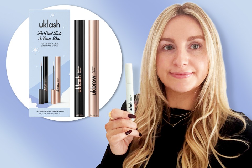 A woman holding a white UkLash lengthening serum, with a UkLash lash and brow duo product box and two serum bottles in the background.