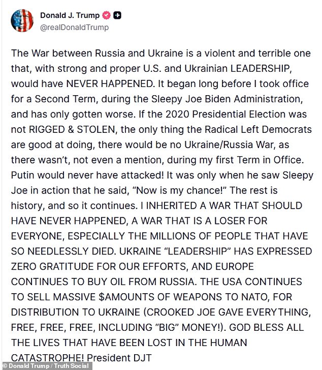 President Trump appeared to target Ukrainian president Volodymyr Zelensky directly in his post on Truth Social