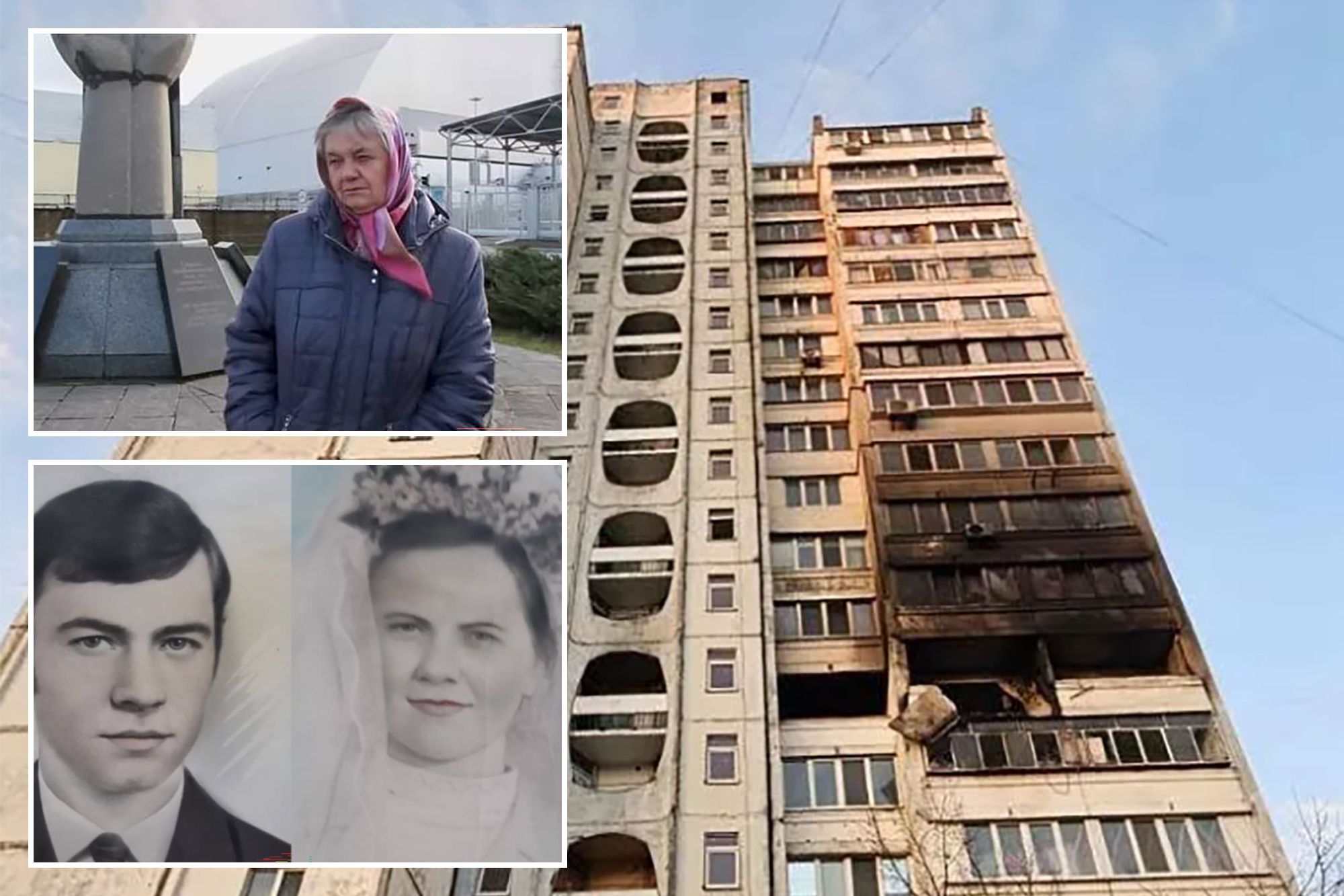 An image collage containing 3 images, Image 1 shows Apartment building in Kyiv with fire damage to one section from a Russian attack, Image 2 shows Natalia Khodemchuk, Image 3 shows Natalia Khodemchuk