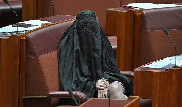 Pauline Hanson (pictured) wearing a burqa on the Senate floor on Monday afternoon