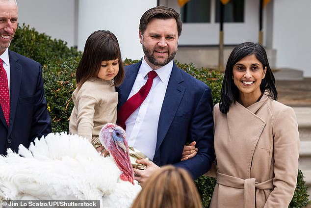 Vice President JD Vance (C), alongside his daughter Mirabel (L) and Second Lady Usha Vance (R) pose next to a pardoned turkey named Gobble in the Rose Garden of the White House in Washington, DC on Tuesday, November 25, 2025