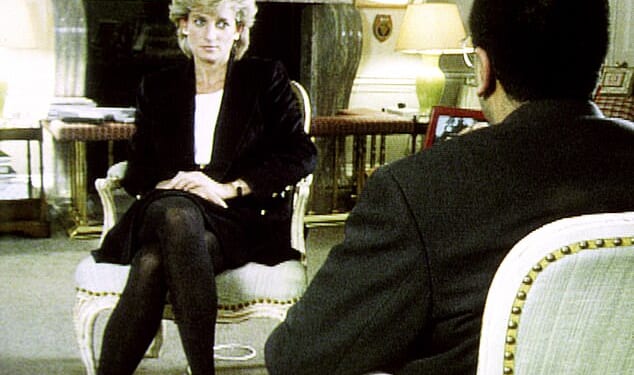 Princess Diana during her notorious interview with Martin Bashir in 1995 where she spoke of Charles' relationship with Camilla and her own personal struggles